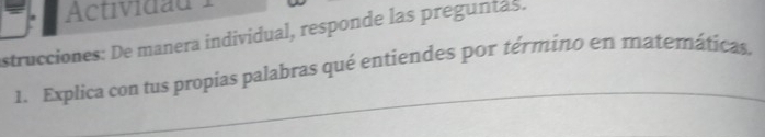 Actividau 
strucciones: De manera individual, responde las preguntas. 
1. Explica con tus propias palabras qué entiendes por término en matemáticas,