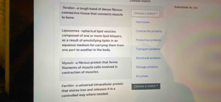 Chosen match
Submitted AE: NI
Tendon -a tough band of dense fibrous
connective tissue that connects muscle Choose a match *
to bone.
Hormones
Liposomes -spherical lipid vesicles Contractile proteins
composed of one or more lipid bilayers,
as a result of emulsifying lipids in an Protective proteins
aqueous medium for carrying them from
one part to another in the body. Transport proteins
Structural proteins
Myosin -a fibrous protein that forms
filaments of muscle cells involved in Storage proteins
contraction of muscles.
Enzymes
Ferritin -a universal intracellular protein
that stores iron and releases it in a Choose a match "
controlled way where needed.