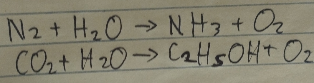 N_2+H_2Oto NH_3+O_2
CO_2+H_2Oto C_2H_5OH+O_2