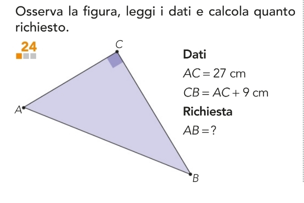 Osserva la figura, leggi i dati e calcola quanto
richiesto.
CB=AC+9cm
?