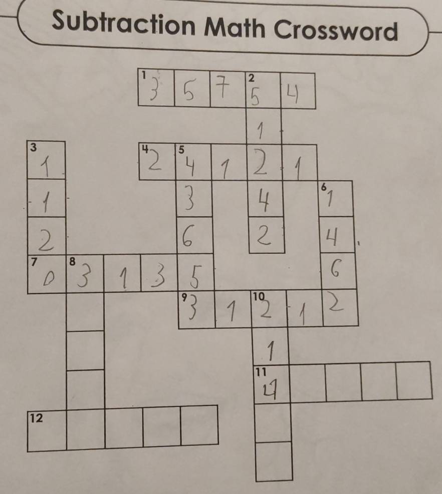 Subtraction Math Crossword