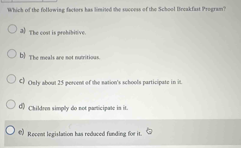 Which of the following factors has limited the success of the School Breakfast Program?
a) The cost is prohibitive.
b) The meals are not nutritious.
C) Only about 25 percent of the nation's schools participate in it.
d) Children simply do not participate in it.
e) Recent legislation has reduced funding for it.