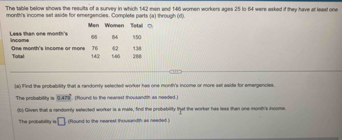 The table below shows the results of a survey in which 142 men and 146 women workers ages 25 to 64 were asked if they have at least one 
month's income set aside for emergencies. Complete parts (a) through (d). 
Men Women Total 
Less than one month's 66 84 150
income 
One month's income or more 76 62 138
Total 142 146 288
(a) Find the probability that a randomly selected worker has one month 's income or more set aside for emergencies. 
The probability is 0.479. (Round to the nearest thousandth as needed.) 
(b) Given that a randomly selected worker is a male, find the probability that the worker has less than one month's income. 
The probability is □. (Round to the nearest thousandth as needed.)