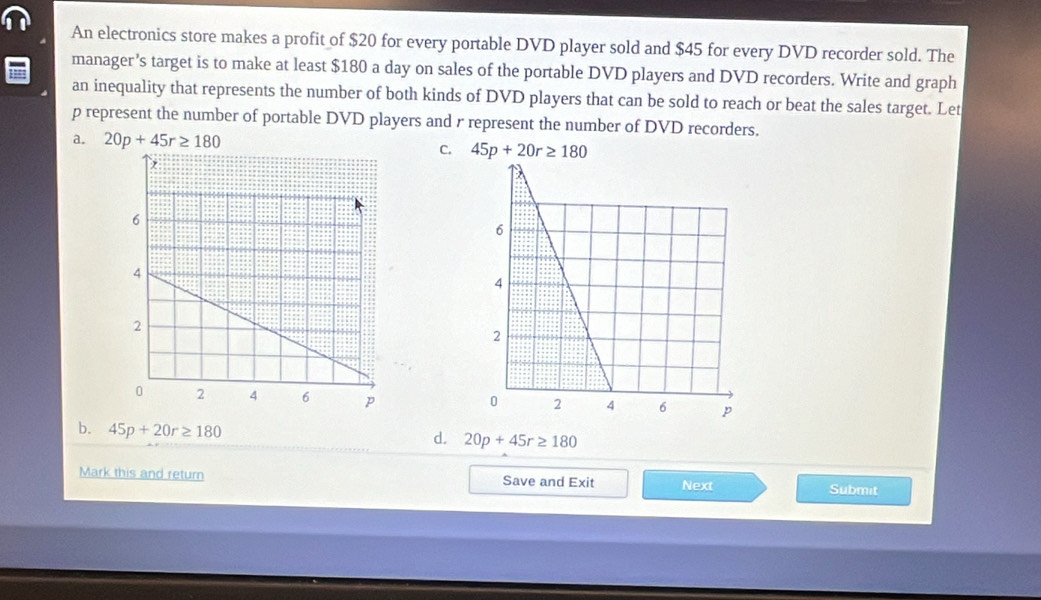 An electronics store makes a profit of $20 for every portable DVD player sold and $45 for every DVD recorder sold. The
manager's target is to make at least $180 a day on sales of the portable DVD players and DVD recorders. Write and graph
an inequality that represents the number of both kinds of DVD players that can be sold to reach or beat the sales target. Let
p represent the number of portable DVD players and r represent the number of DVD recorders.
a. 20p+45r≥ 180 C. 45p+20r≥ 180
b. 45p+20r≥ 180
d. 20p+45r≥ 180
Mark this and return Save and Exit Next Submit