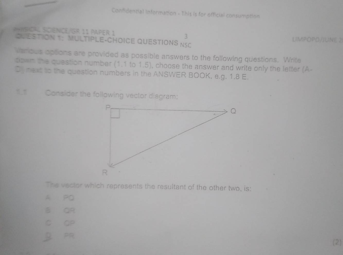 Confidential Information - This is for official consumption
ANNDAL SCiENCE/GR 11 PAPER 1 3
LIMPOPÖ/JUNE 2
QUESTION 1： MULTIPLE-CHOICE QUESTIONS NSC
various options are provided as possible answers to the following questions. Write
ctwm the question number (1.1 to 1.5), choose the answer and write only the letter (A-
D mext to the question numbers in the ANSWER BOOK, e.g. 1.8 E.
1.1 Consider the following vector diagram:
The vector which represents the resultant of the other two, is:
A PO
B QR
C CP
♀ PR
(2)