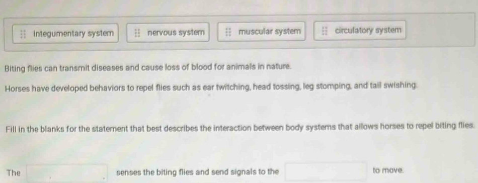 integumentary system nervous system muscular system circulatory system
Biting flies can transmit diseases and cause loss of blood for animals in nature.
Horses have developed behaviors to repel flies such as ear twitching, head tossing, leg stomping, and tail swishing.
Fill in the blanks for the statement that best describes the interaction between body systems that allows horses to repel biting flies.
The senses the biting flies and send signals to the to move.