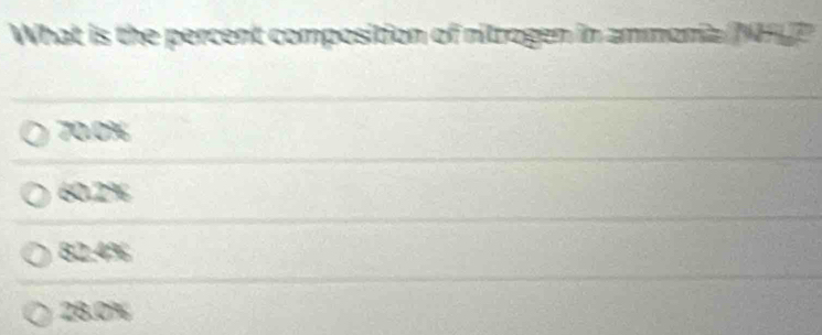 What is the percent composition of nitrogen in ammonia 1 ?
70.0%
60.2%
82.4%
28.0%