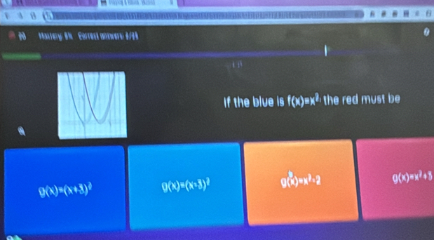 Mastery: B Correct awers 1/93
If the blue is f(x)=x^2. the red must be
g(x)=(x+3)^2 g(x)=(x-3)^2 g(x)=x^2-2 g(x)=x^2+8