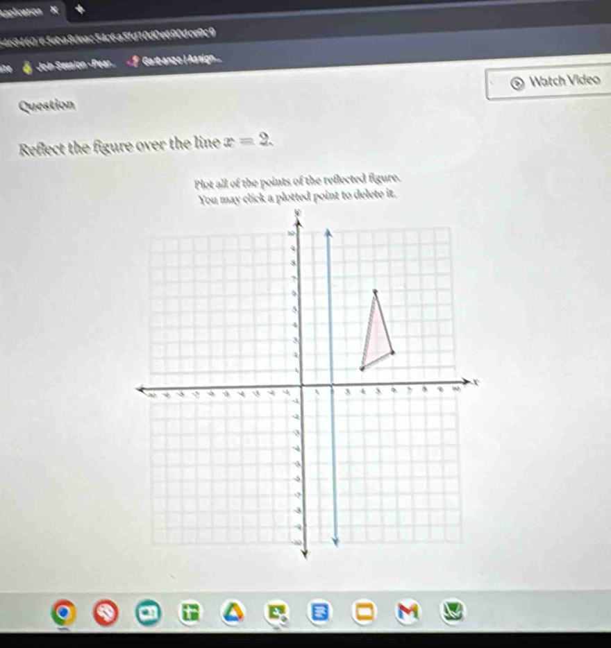 Application X 
4468460/65eba8deac54c6a5fd10d0e690dce9c9 
Joán Sesaion - Pear... * Garbanzo lAssign 
Watch Video 
Question 
Reflect the figure over the line x=2. 
Plot all of the points of the reflected figure. 
ted point to delete it.