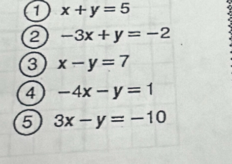 1 x+y=5
2 -3x+y=-2
3 x-y=7
4 -4x-y=1
5 3x-y=-10