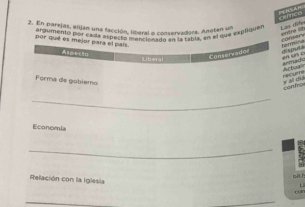 PENSAMI 
CRíTICO 
2. En parejas, elijan una facción, liberal o conservadora. Anoten un Las dife 
argumento por cada aspecto mencionado en la tabla, en el que expliquen 
conserv entre lib 
por qué es mejor para el país. 
termina 
Aspecto 
Liberal Conservador disputá 
en un c 
armado Actuain 
recurre y al diá 
Forma de gobierno 
confro 
_ 
Economía 
_ 
bitl 
Relación con la Iglesia 
Lí 
con 
_ 
_