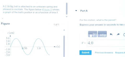 A 2.38-kg ball is attached to an unknown spring and
allowed to oscillate. The figure below (Eigure_1) shows
a graph of the ball's position æ as a function of time Part A
For this motion, what is the period?
Figure 1 of 1 Express your answer in seconds to two!
AΣφ
r=4.0
Submit Previous Answers Request A
-3.0