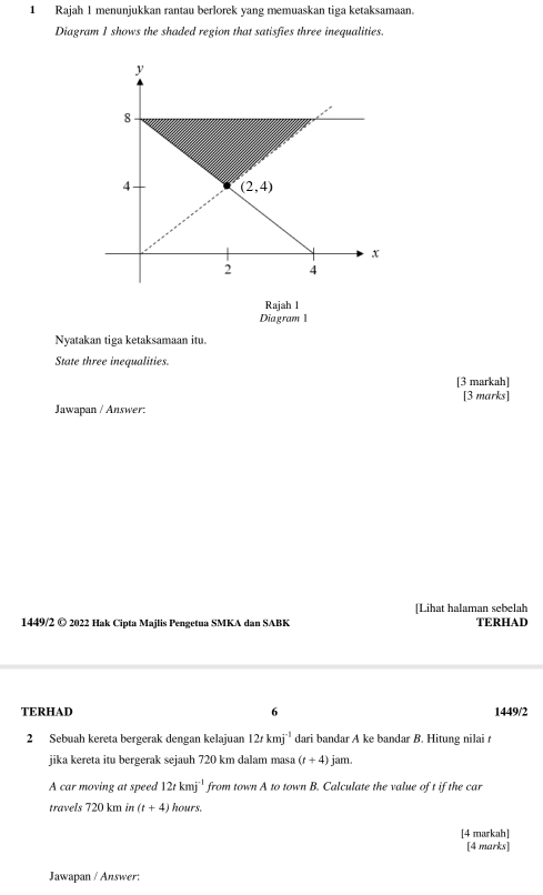 Rajah l menunjukkan rantau berlorek yang memuaskan tiga ketaksamaan.
Diagram 1 shows the shaded region that satisfies three inequalities.
Rajah 1
Diagram 1
Nyatakan tiga ketaksamaan itu.
State three inequalities.
[3 markah]
[3 marks]
Jawapan / Answer:
[Lihat halaman sebelah
1449/2 © 2022 Hak Cipta Majlis Pengetua SMKA dan SABK TERHAD
TERHAD 6 1449/2
2 Sebuah kereta bergerak dengan kelajuan 12tkmj^(-1) dari bandar A ke bandar B. Hitung nilai 
jika kereta itu bergerak sejauh 720 km dalam masa (t+4) jam.
A car moving at speed 12tkmj^(-1) from town A to town B. Calculate the value of t if the car
travels 720 km in (t+4) hours.
[4 markah]
[4 marks]
Jawapan / Answer: