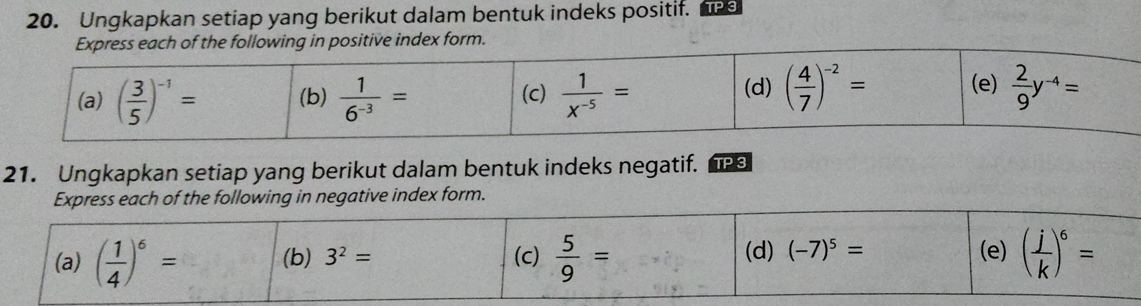 Ungkapkan setiap yang berikut dalam bentuk indeks positif. 
ositive index form.
21. Ungkapkan setiap yang berikut dalam bentuk indeks negatif. TP3
wing in negative index form.