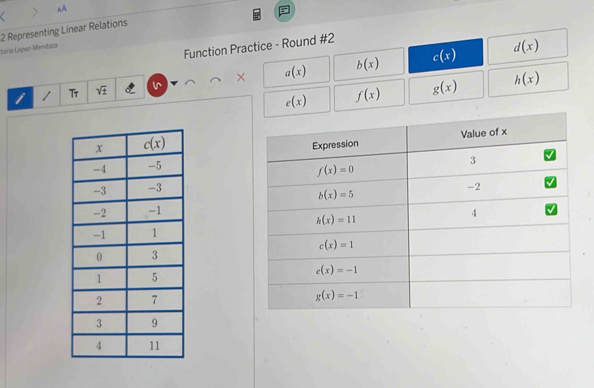 AA
(
toría Lopez-Mendoza 2 Representing Linear Relations
Function Practice - Round #2
i 1 Tr sqrt(± ) × a(x) b(x)
c(x)
d(x)
e(x) f(x) g(x) h(x)