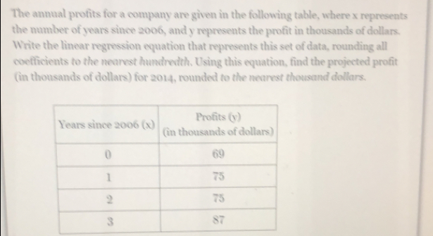 The annual profits for a company are given in the following table, where x represents
the number of years since 2006, and y represents the profit in thousands of dollars.
Write the linear regression equation that represents this set of data, rounding all
coefficients to the nearest hundredth. Using this equation, find the projected profit
(in thousands of dollars) for 2014, rounded to the nearest thousand dollars.