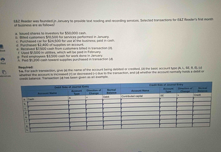 E&Z Reader was founded in January to provide text reading and recording services. Selected transactions for E&Z Reader's first month 
of business are as follows: 
a Issued shares to investors for $50,000 cash. 
b. Billed customers $10,500 for services performed in January. 
c. Purchased car for $24,500 for use in the business; paid in cash. 
d. Purchased $2,400 of supplies on account. 
look 
e. Received $7,500 cash from customers billed in transaction (b). 
Used $1,500 in utilities, which will be paid in February. 
g. Paid employees $3,500 cash for work done in January. 
h Paid $1,200 cash toward supplies purchased in transaction (σ). 
Port 
Required: 
1-a. For each transaction, give (a) the name of the account being debited or credited, (b) the basic account type (A, L, SE, R, E), (c) 
whether the account is increased (+) or decreased (-) due to the transaction, and (α) whether the account normally holds a debit or 
credit balance. Transaction (a) has been given as an example.