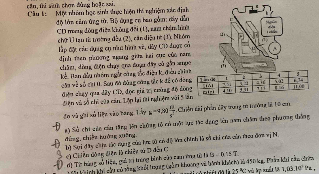 câu, thí sinh chọn đúng hoặc sai.
Câu 1: Một nhóm học sinh thực hiện thí nghiệm xác định
độ lớn cảm ứng từ. Bộ dụng cụ bao gồm: dây dẫn
CD mang dòng điện không đổi (1), nam chậm hình
chữ U tạo từ trường đều (2), cân điện tử (3). Nhóm
đắp đặt các dụng cụ như hình vẽ, dây CD được cố
định theo phương ngang giữa hai cực của nam
châm, dòng điện chạy qua đoạn dây có gắn ampe
kế. Ban đầu nhóm ngắt công tắc điện k, điều chỉ
cân về số chi 0. Sau đó đóng công tắc k để có đòn
điện chạy qua dây CD, đọc giá trị cường độ dòn
điện và số chỉ của cân. Lặp lại thí nghiệm với 5 l
đo và ghi số liệu vào bảng. Lấy g=9,80 m/s^2 .Chiều dài phần dây trong từ trưởng là 10 cm.
a) Số chi của cân tăng lên chứng tỏ có một lực tác dụng lên nam châm theo phương thẳng
đứng, chiều hướng xuống.
b) Sợi dây chịu tác dụng của lực từ có độ lớn chính là số chi của cân theo đơn vị N.
c) Chiều dòng điện là chiều từ D đến C
d) Từ bảng số liệu, giá trị trung bình của cảm ứng từ là B=0,15T.
0 Một khinh khí cầu có tổng khối lượng (gồm khoang và hành khách) là 450 kg. Phần khí cầu chứa
l có  nhiệt đô là 25°C và áp suất là 1,03.10^5Pa,