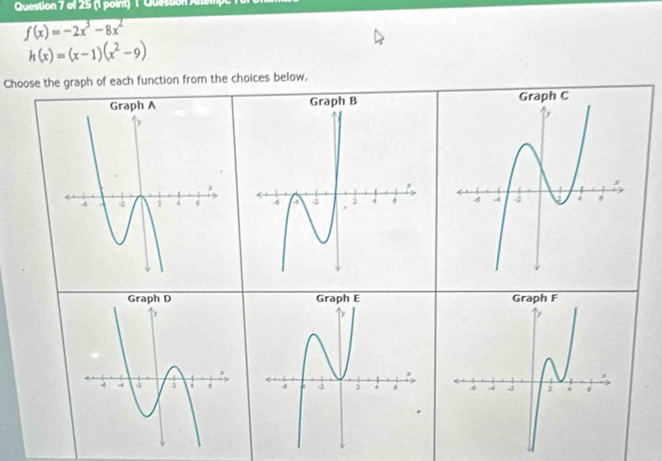 (1 poiny) 1 Question Altempe )
f(x)=-2x^3-8x^2
h(x)=(x-1)(x^2-9)
Choose the graph of each function from the choices below.