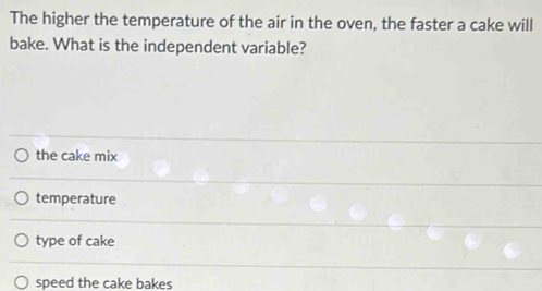 The higher the temperature of the air in the oven, the faster a cake will
bake. What is the independent variable?
the cake mix
temperature
type of cake
speed the cake bakes