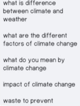 what is difference
between climate and
weather
what are the different
factors of climate change
what do you mean by
climate change
impact of climate change
waste to prevent