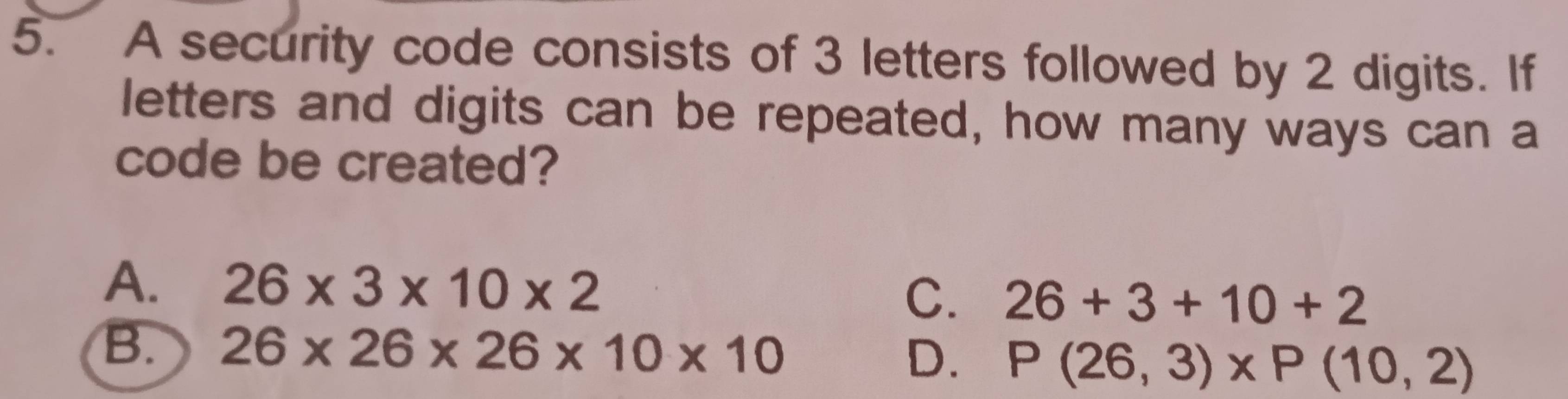 Solved: A security code consists of 3 letters followed by 2 digits. If ...