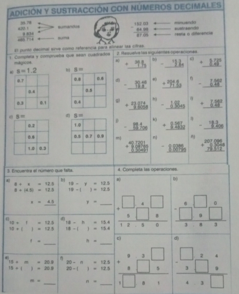 ADICIÓN Y SUSTRACCIÓN CON NUMEROS DECIMALES
35.70
170.1 sumandos frac beginarrayr 15203 -6490endarray 8705 sustraend minuendo
resta o diferencia
 9834/485714  UT
El punto decimal sirve como referencia para alinear las cifras.
: Completa y comprueba que sean cuadrados 2. Resuelve las siguientes operaciones.
a)
mágicos. + °:9 b) c) +beginarrayr 8.725 0.49 hline endarray
a) s=1.2 b) s=
0.7 0.8 0.6 d) -beginarrayr 30.46 19.8 hline endarray e) beginarrayr +204.6 hline endarray 1) -_ beginarrayr 7.562 0.46endarray 
0.4 0.5
0.3 0.1 0.4 g) + 3 2620 ' - 6 8.0 -1 beginarrayr 7.562 +0.48 hline endarray
c s= d) S=
1.0 D -_ 8.4 59.700 hline endarray  k) + 8283, 1 - '8oe
0.5 0.7 0.9 m) n) -8.8899 n) beginarrayr 207,096 +03048 79512 hline endarray
beginarrayr 407201 +030483 hline endarray
3. Encuentra el número que falta. 4. Completa las operaciones.
a) b) 19-y=12.5 a) b)
8+x=12.5
8+(4.5)=12.5 19-()=12.5
x=_ 4.5 y=
C) d) 18-h=15.4 _ beginarrayr □ -4□  +5□ 8 hline 12-50endarray beginarrayr 6□ 0 -□ 9□  hline 383endarray
10+f=12.5
10+()=12.5 18-()=15.4
_
f= h= _
c) d)
0) _1) 20-n=12.5 _ beginarrayr +beginarrayr 9 8encloselongdiv 5endarray  5□ 5 hline endarray frac -beginarrayr □ 24 3□ ·  endarray 43□ 
15+m=20.9
15+()=20.9 20-()=12.5
m= n=