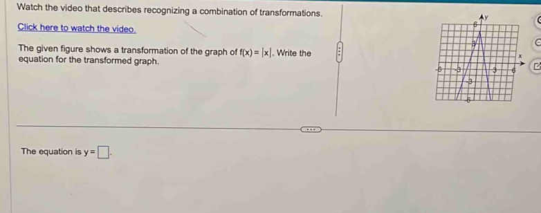 Watch the video that describes recognizing a combination of transformations. 
Click here to watch the video. 
The given figure shows a transformation of the graph of f(x)=beginvmatrix xendvmatrix. Write the 
equation for the transformed graph. 
The equation is y=□.