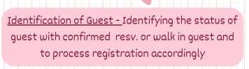 Identification of Guest - Identifying the status of 
guest with confirmed resv. or walk in guest and 
to process registration accordingly