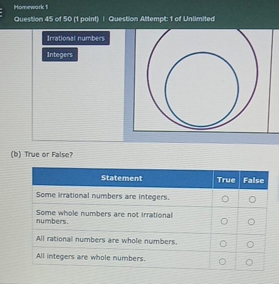 Homework 1 
Question 45 of 50 (1 point) | Question Attempt: 1 of Unlimited 
Irrational numbers 
Integers 
(b) True or False?