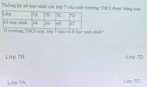 Thống kê số học sinh các lớp 7 của một trường THCS được bảng sau:
Ở trường THCS này, lớp 7 nào có ít học sinh nhất?
Lớp 7B. Lớp 7D.
Lớp 7A. Lớp 7C.