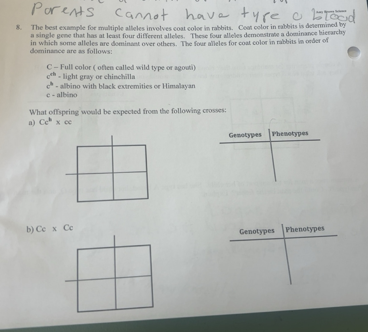 Solved: my Brown Sele 8. The best example for multiple alleles involves ...