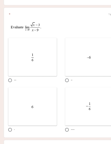 Evaluate limlimits _xto 9 (sqrt(x)-3)/x-9 .
 1/6 
-6

6
- 1/6 