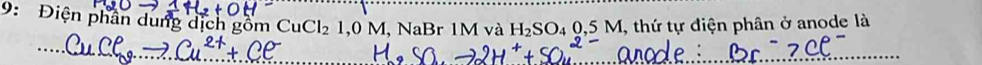 9: Điện phân dung dịch gồm CuCl_21, 0M M, NaBr 1M và H_2SO_40,5M 1, thứ tự điện phân ở anode là 
_
