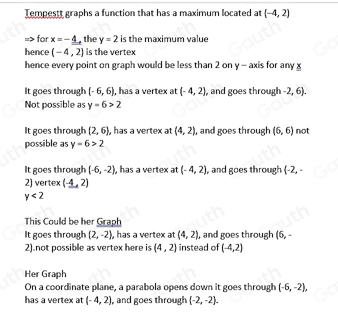 Solved: Tempestt graphs a function that has a maximum located at (-4,2 ...