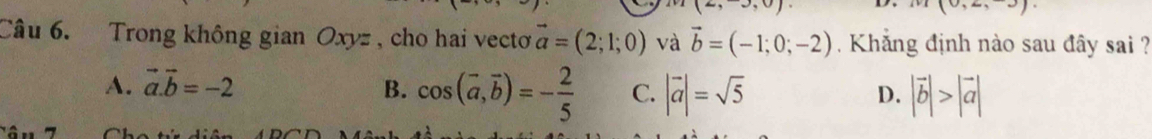 0, 0
L ,-) 
Câu 6. Trong không gian Oxyz , cho hai vecto vector a=(2;1;0) và vector b=(-1;0;-2). Khẳng định nào sau đây sai ?
A. vector a.vector b=-2 B. cos (vector a,vector b)=- 2/5  C. |vector a|=sqrt(5) |vector b|>|vector a|
D.