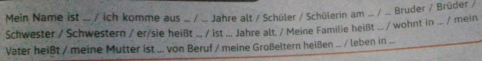 Mein Name ist ... / ich komme aus ... / ... Jahre alt / Schüler / Schülerin am ... / ... Bruder / Brüder / 
Schwester / Schwestern / er/sie heißt ... / ist ... Jahre alt. / Meine Familie heißt ... / wohnt in ... / mein 
Vater heißt / meine Mutter ist ... von Beruf / meine Großeltern heißen ... / leben in ...