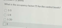 What is the occupancy factor (T) for the control booth?
1/5
1/8
1/20
1