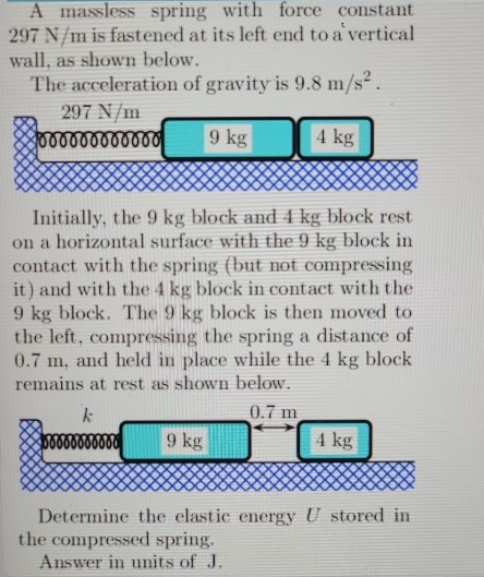 A massless spring with force constant
297 N/m is fastened at its left end to a vertical 
wall, as shown below. 
The acceleration of gravity is 9.8m/s^2.
297 N/m
0000 00000 9 kg 4 kg
Initially, the 9 kg block and 4 kg block rest 
on a horizontal surface with the 9 kg block in 
contact with the spring (but not compressing 
it) and with the 4 kg block in contact with the
9 kg block. The 9 kg block is then moved to 
the left, compressing the spring a distance of
0.7 m, and held in place while the 4 kg block 
remains at rest as shown below.
k
0.7 m
00oooooo000 9 kg 4 kg
Determine the elastic energy U stored in 
the compressed spring. 
Answer in units of J.