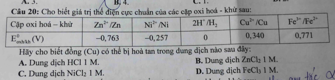 Cho biết giá trị thể điện cực chuẩn của các cặp oxi hoá - khử sau:
Hãy cho biết đồng (Cu) có thể bị hoà tan trong dung dịch nào sau đây:
A. Dung dịch HCl 1 M. B. Dung dịch ZnCl_21M.
C. Dung dịch NiCl_21M. D. Dung dịch FeCl_31M.