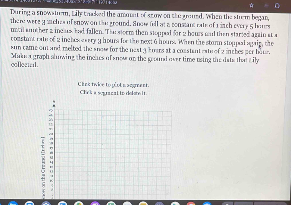 272/7e4abc253340a31318e9f7f1197146ba 
During a snowstorm, Lily tracked the amount of snow on the ground. When the storm began, 
there were 3 inches of snow on the ground. Snow fell at a constant rate of 1 inch every 5 hours
until another 2 inches had fallen. The storm then stopped for 2 hours and then started again at a 
constant rate of 2 inches every 3 hours for the next 6 hours. When the storm stopped again, the 
sun came out and melted the snow for the next 3 hours at a constant rate of 2 inches per hour. 
Make a graph showing the inches of snow on the ground over time using the data that Lily 
collected. 
Click twice to plot a segment. 
Click a segment to delete it.