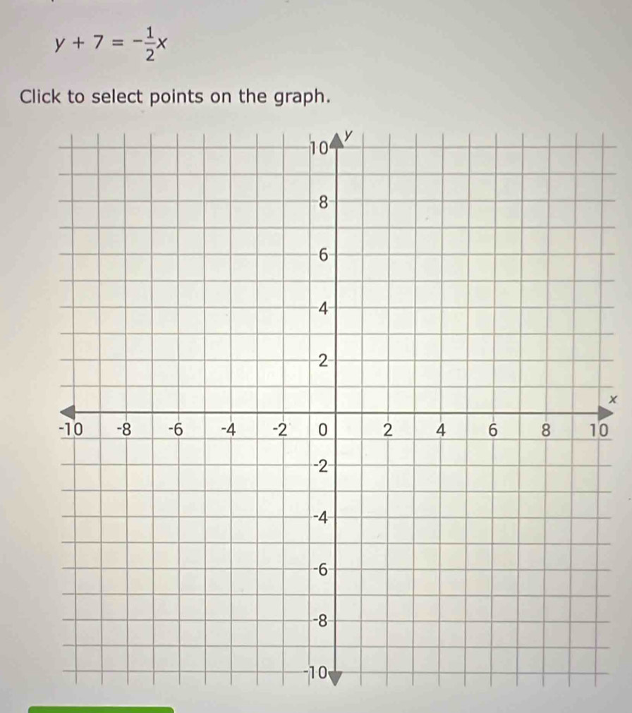 y+7=- 1/2 x
Click to select points on the graph. 
0