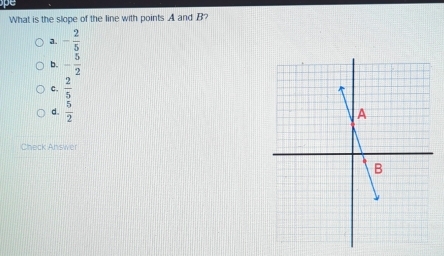 What is the slope of the line with points A and B?
a. - 2/5 
b. - 5/2 
c.  2/5 
d .  5/2 
Check Answer