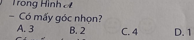 Trong Hình A
- Có mấy góc nhọn?
A. 3 B. 2 C. 4 D. 1