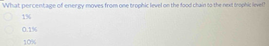 What percentage of energy moves from one trophic level on the food chain to the next trophic level?
1%
0.1%
10%