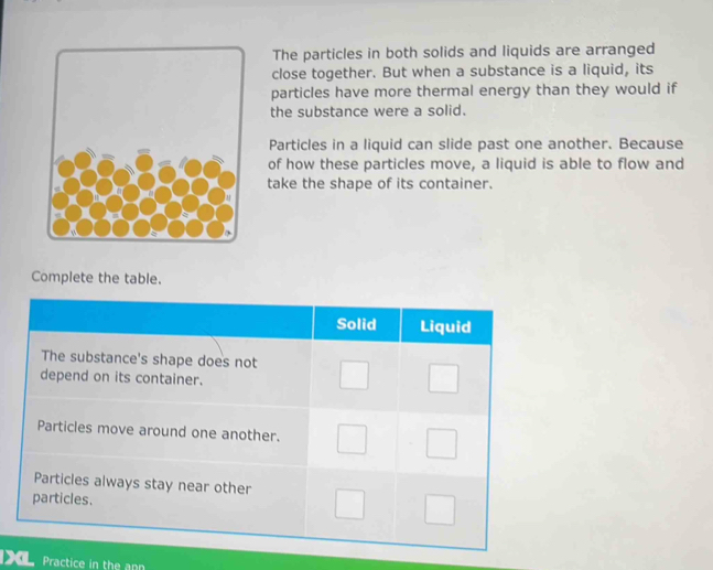 The particles in both solids and liquids are arranged 
close together. But when a substance is a liquid, its 
particles have more thermal energy than they would if 
the substance were a solid. 
Particles in a liquid can slide past one another. Because 
of how these particles move, a liquid is able to flow and 
take the shape of its container. 
Complete the table. 
Practice in the ann