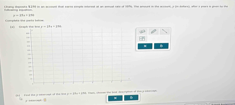 Chang deposits $250 in an account that earns simple interest at an annual rate of 10%. The amount in the account, y (in dollars), after x years is given by the
following equation.
y=25x+250
Complete the parts below.
(a) 
× 5
(b) Find the y-intercept of the line y=25x+250. Then, choose the best description of this y-intercept.
×
y-intercept: [