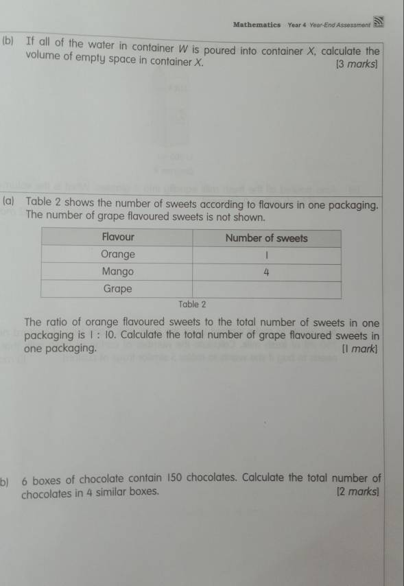 Mathematics Year 4 Year-End Assessment 
(b) If all of the water in container W is poured into container X, calculate the 
volume of empty space in container X. [3 marks] 
(a) Table 2 shows the number of sweets according to flavours in one packaging. 
The number of grape flavoured sweets is not shown. 
The ratio of orange flavoured sweets to the total number of sweets in one 
packaging is 1:10. Calculate the total number of grape flavoured sweets in 
one packaging. [I mark] 
b) 6 boxes of chocolate contain 150 chocolates. Calculate the total number of 
chocolates in 4 similar boxes. [2 marks]