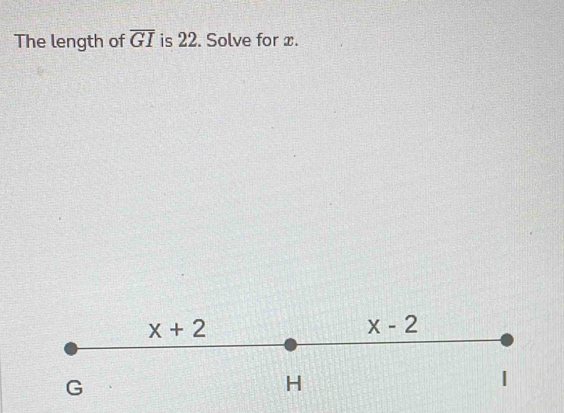 The length of overline GI is 22. Solve for x.