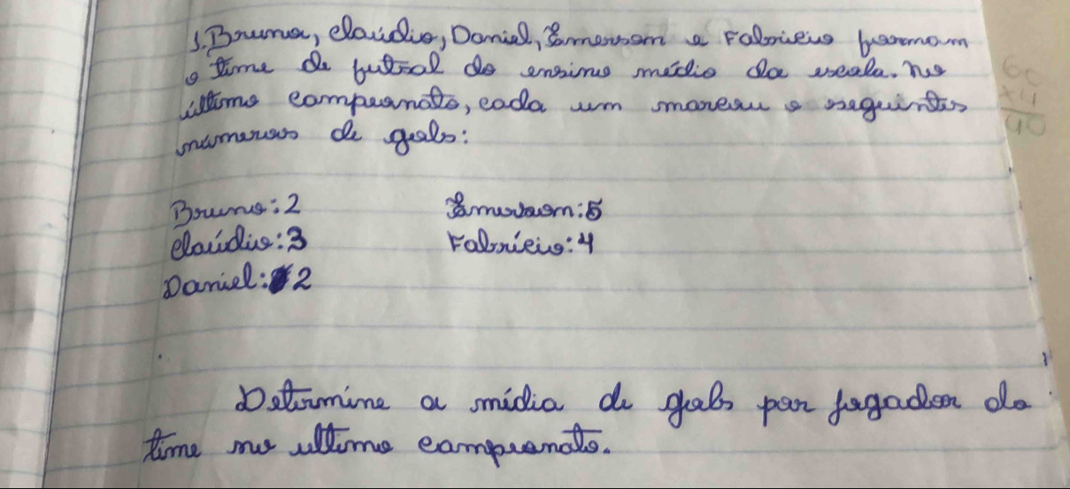 Buma, clovdie, Donial, Smerom a Folievs bemmom 
ts time de butoal do ensims medio do soeala, ho 
wtime compernato, eada wm smoresu a seguirtis beginarrayr 60 * 4 hline 60endarray
onamonos de geals: 
Boums: 2 8mvon :8 
clavidis: 3 Folmieis:y 
Daniel:2 
Dstumine a smidia do glals pan fogaden do 
time ms ultime campuendts.